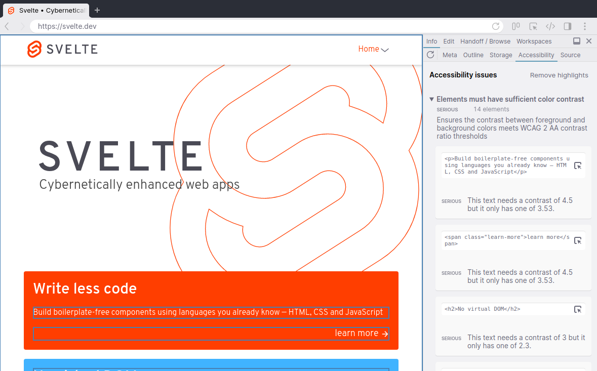 Accessibility panel showing issues on the Svelte.dev website