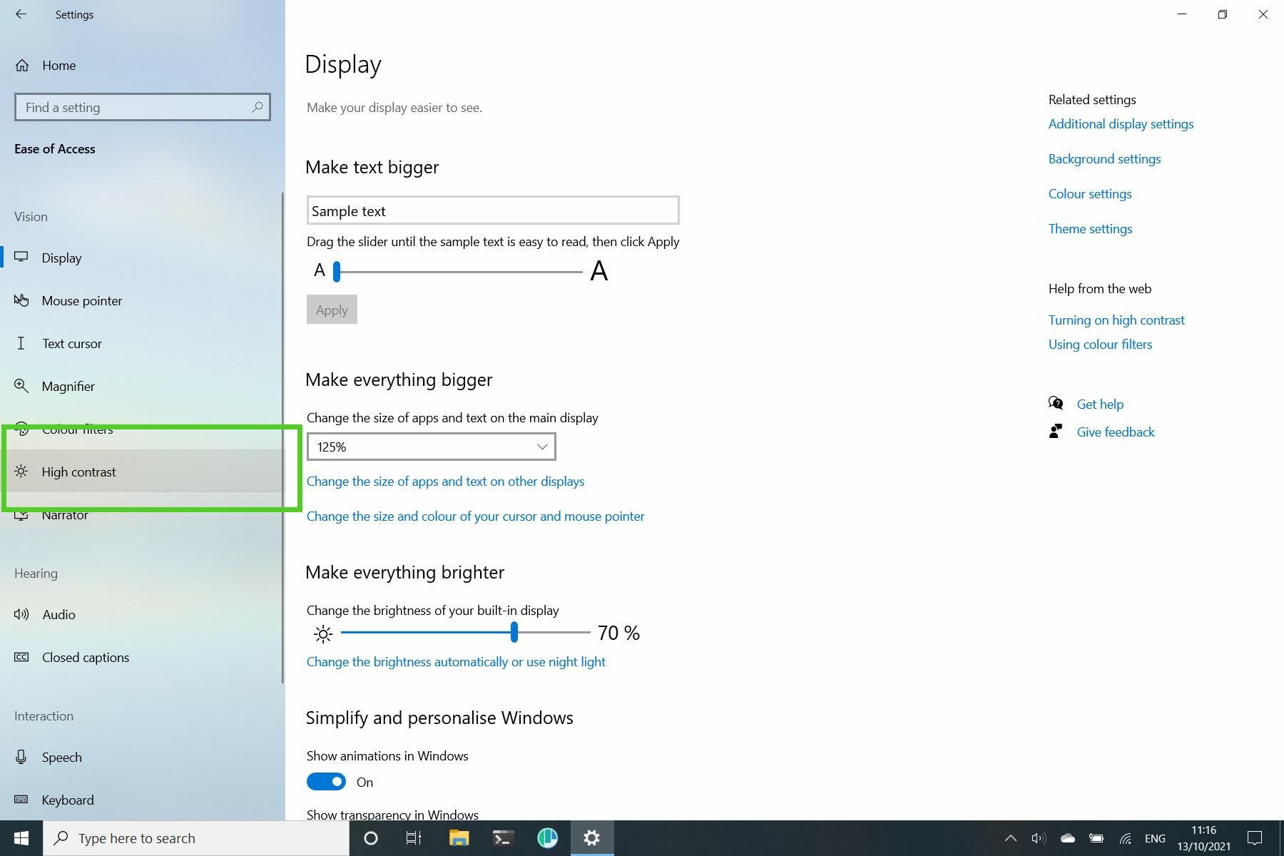Windows 10 Ease of Access settings