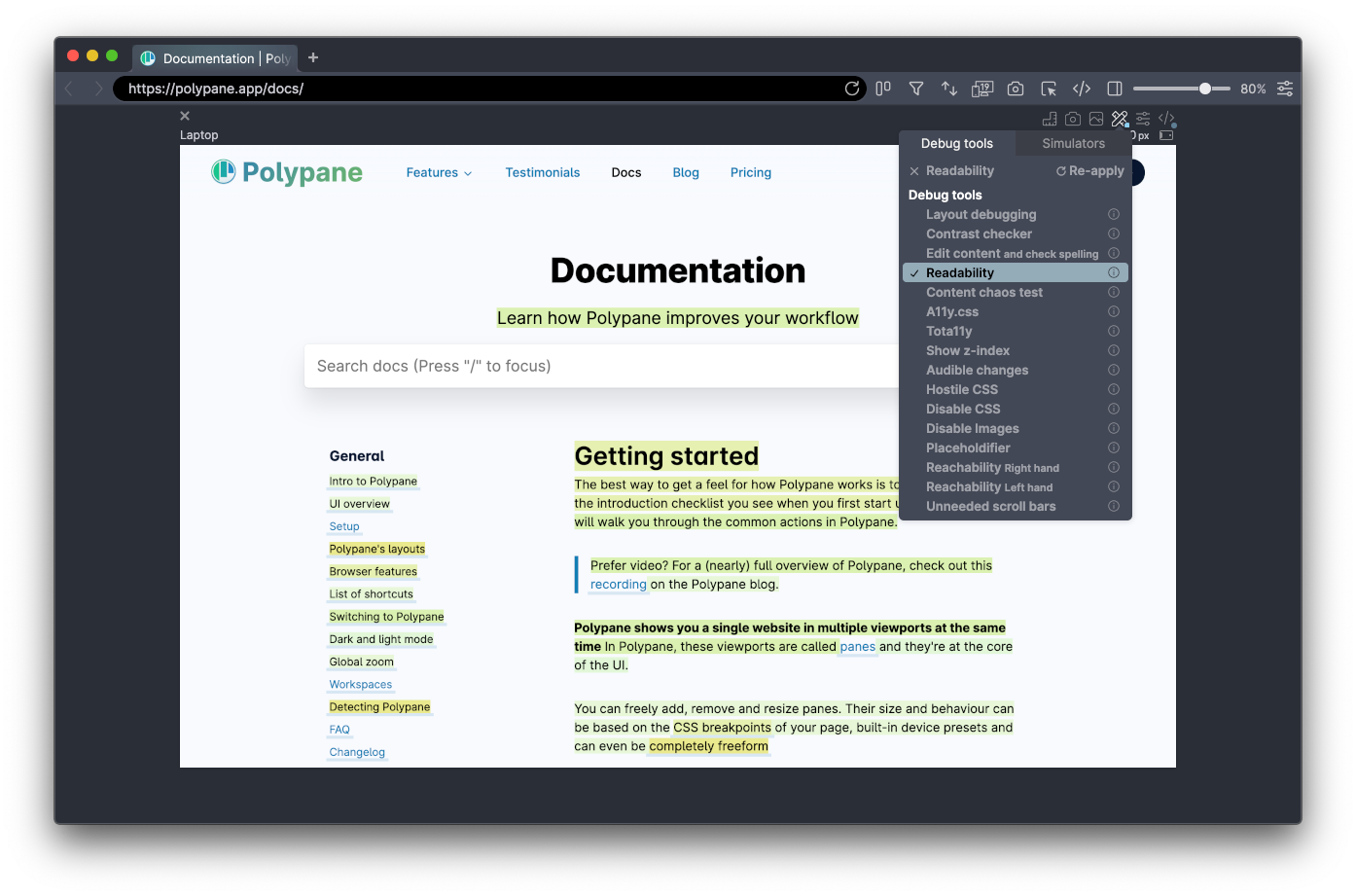 Polypane screenshot of the docs page with Readability active
