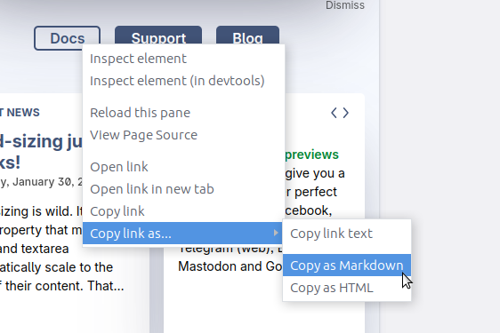 Context menu with the new copy URL options